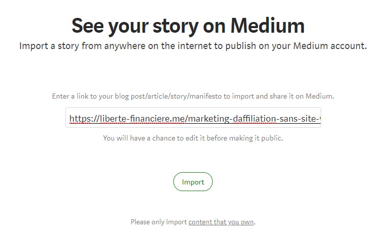 Medium Marketing d'affiliation - Importer une story (article de votre blog)